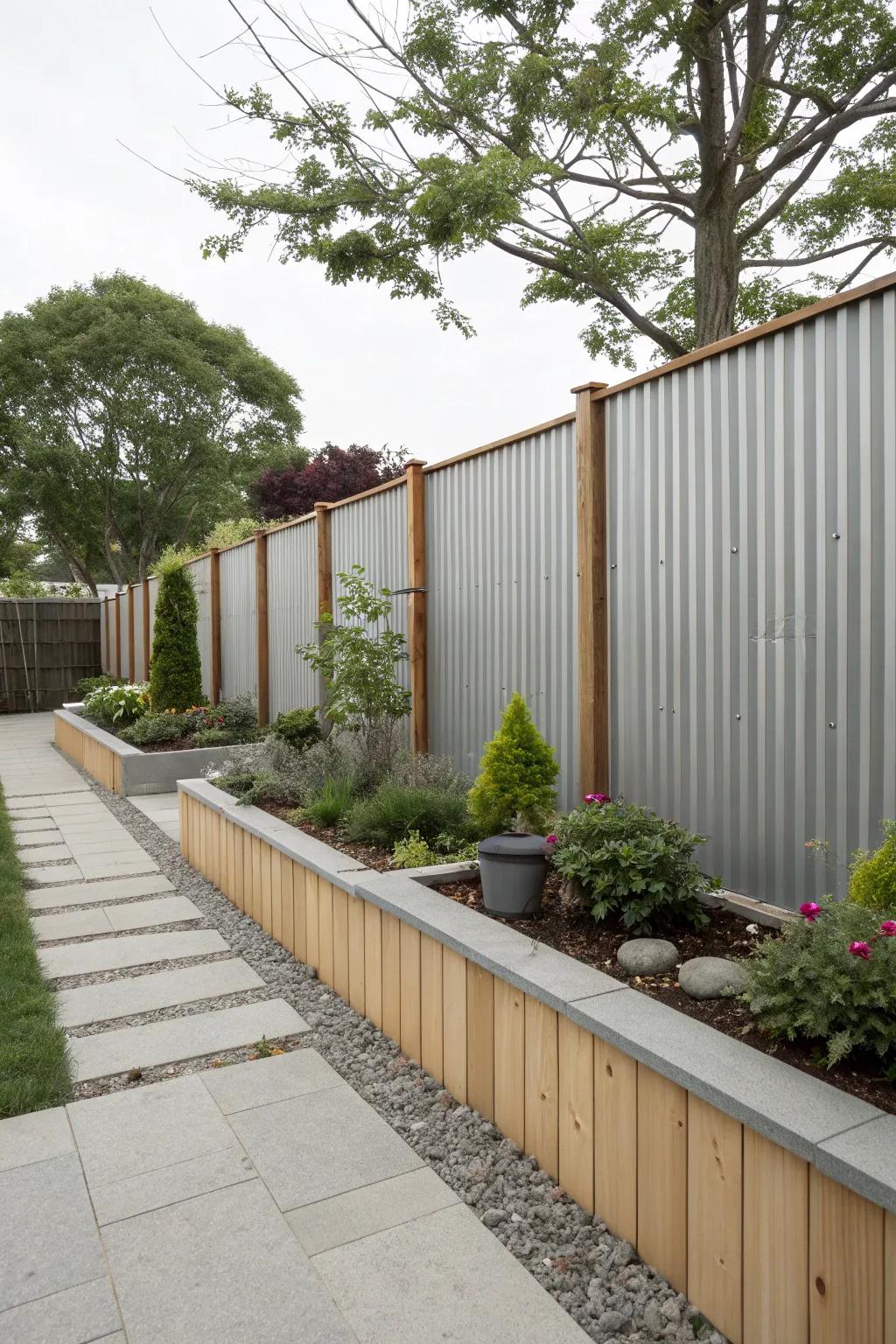 Minimalist corrugated metal and wood fences blend seamlessly with modern aesthetics.