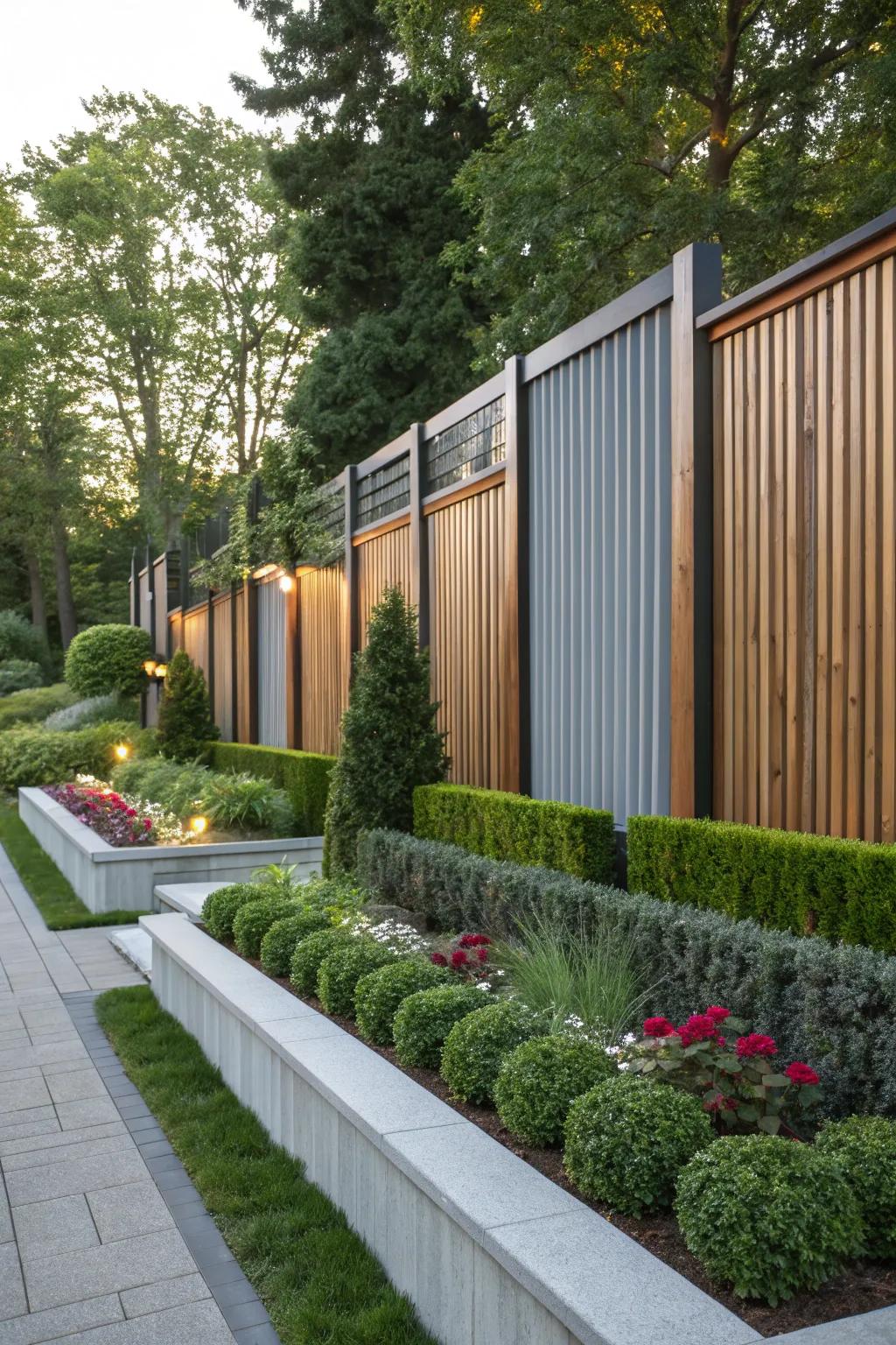 Alternating metal and wood panels add an artistic flair to any fence.