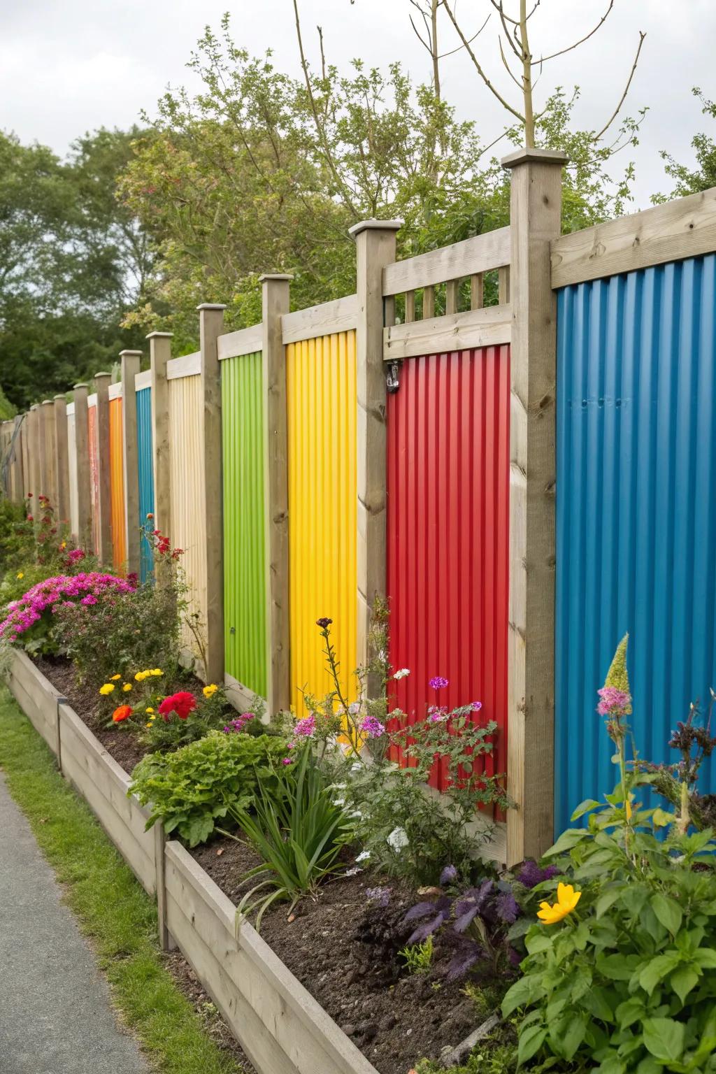 Add a pop of color with painted corrugated metal panels for a lively garden.