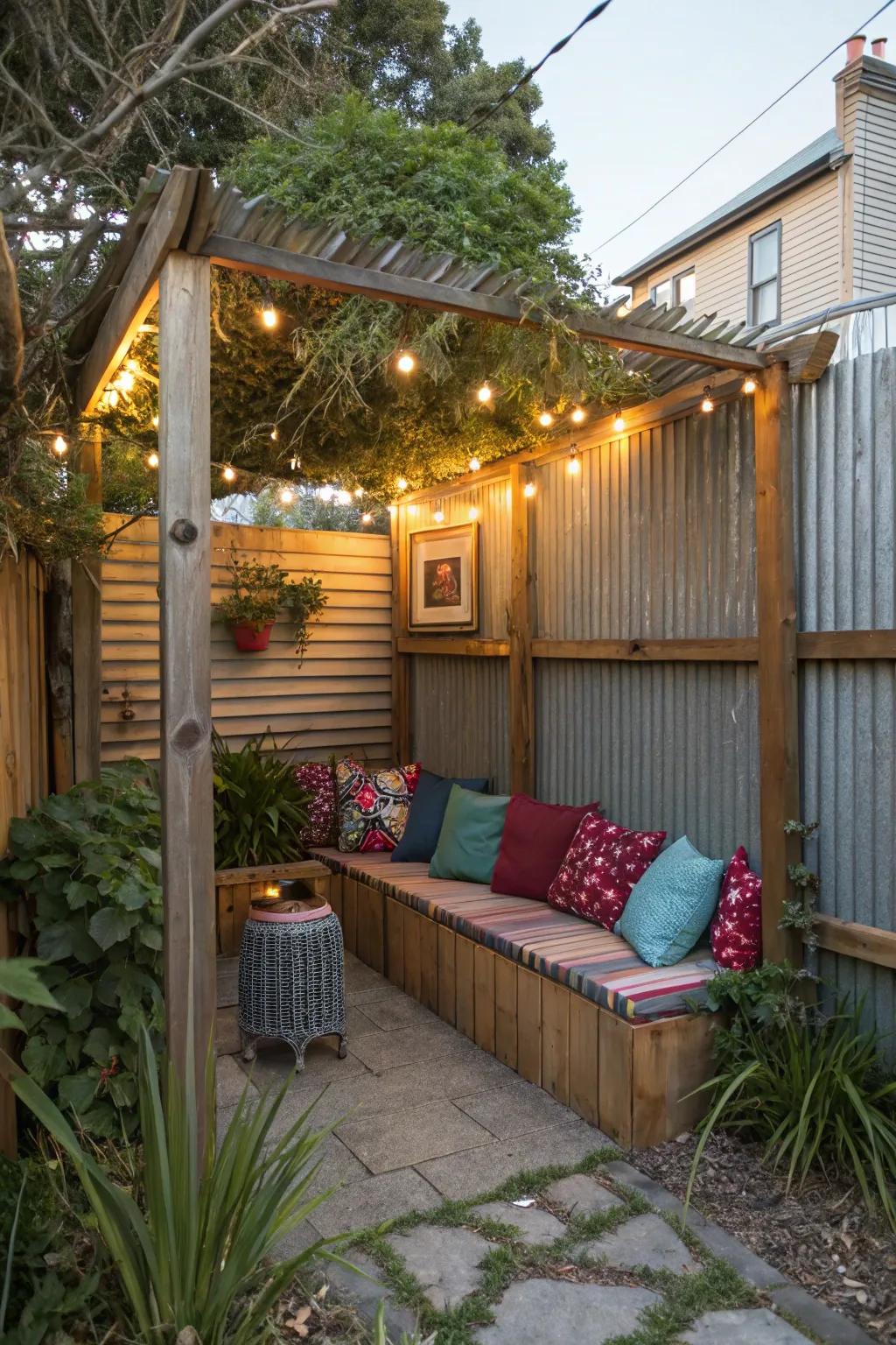 Create inviting garden nooks with strategically placed metal and wood fences.