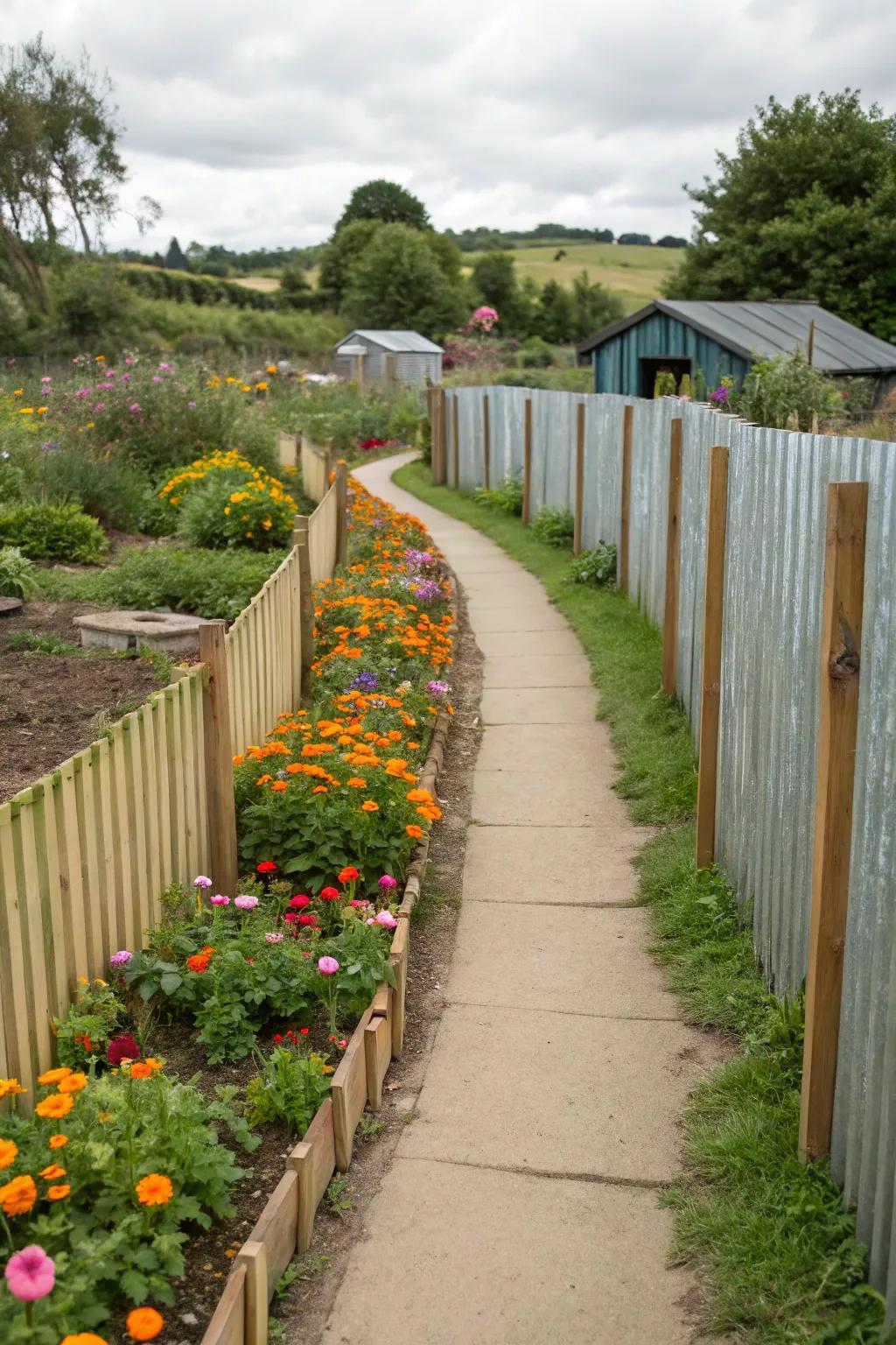 Guide your garden paths with charming corrugated metal and wood fences.