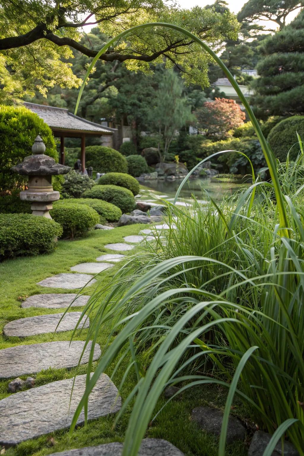 Japanese forest grass adds grace and movement to the garden.