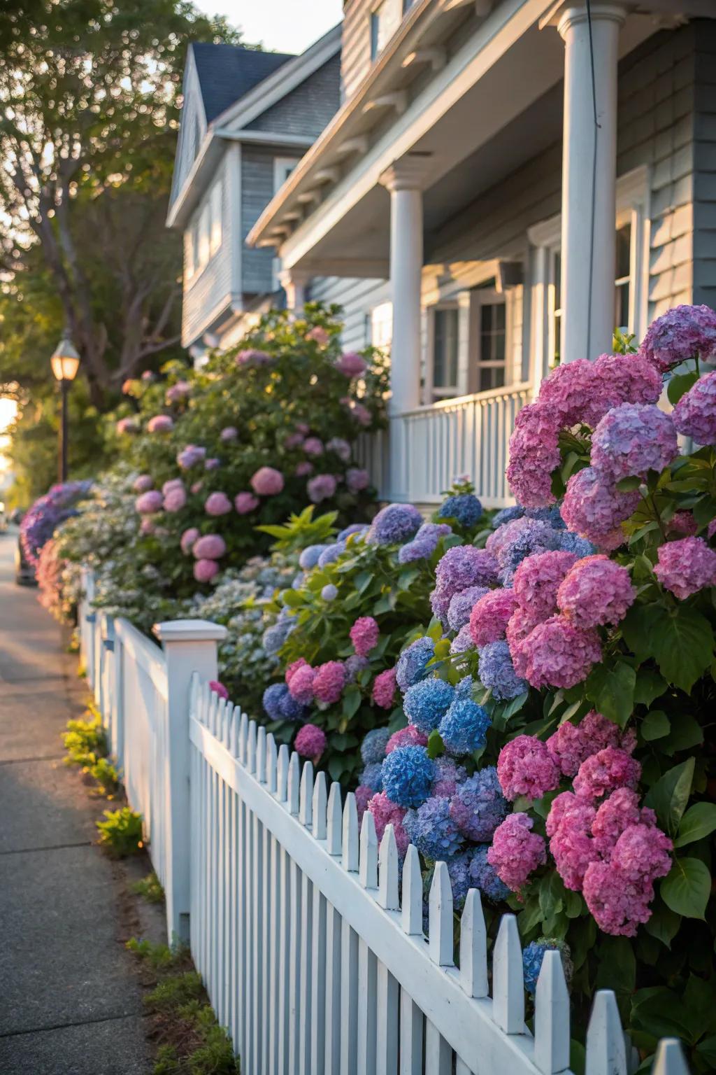 Hydrangeas bring vibrant color to the east side of the house.