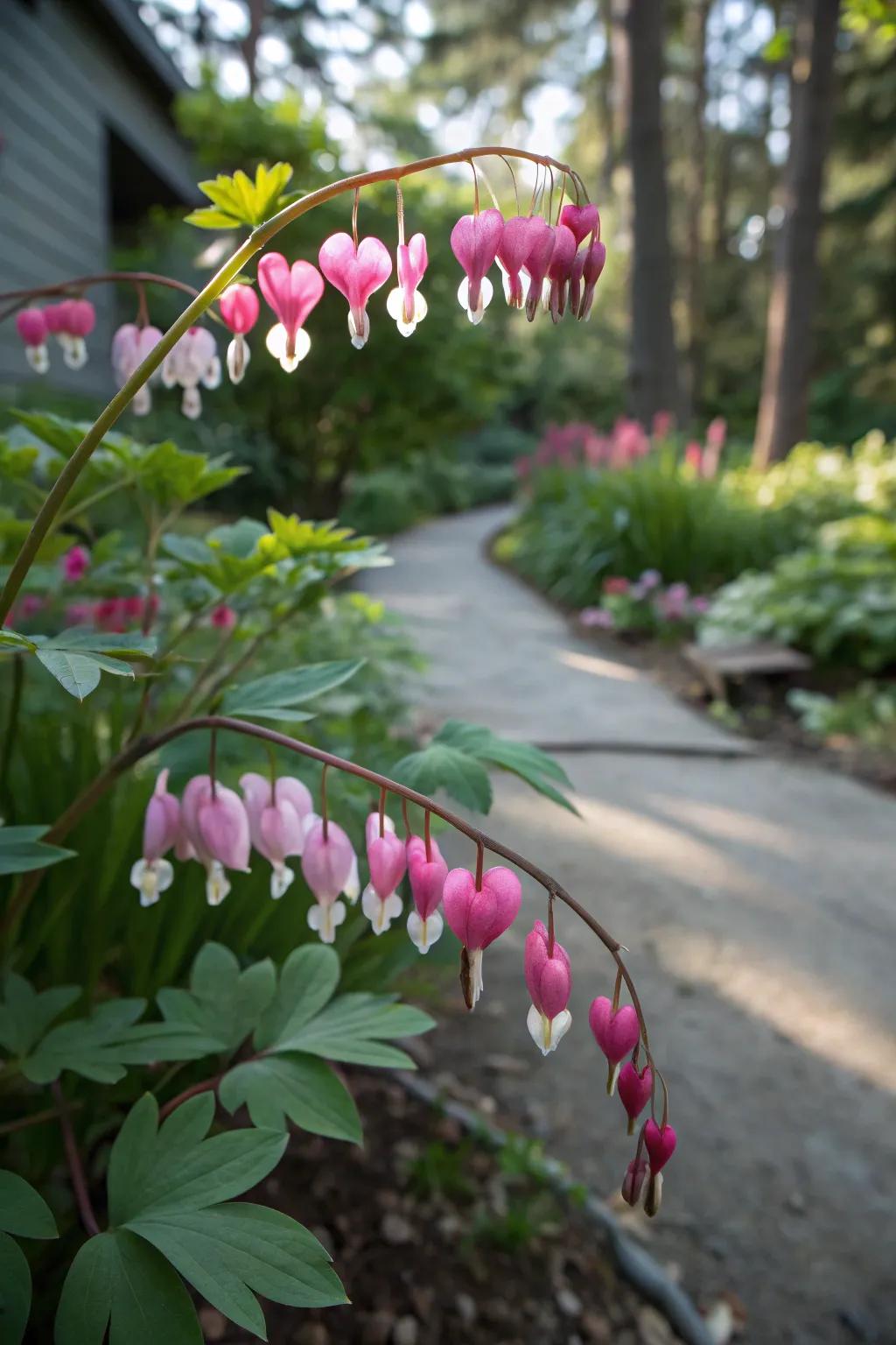 Bleeding hearts offer a romantic touch with their unique blooms.