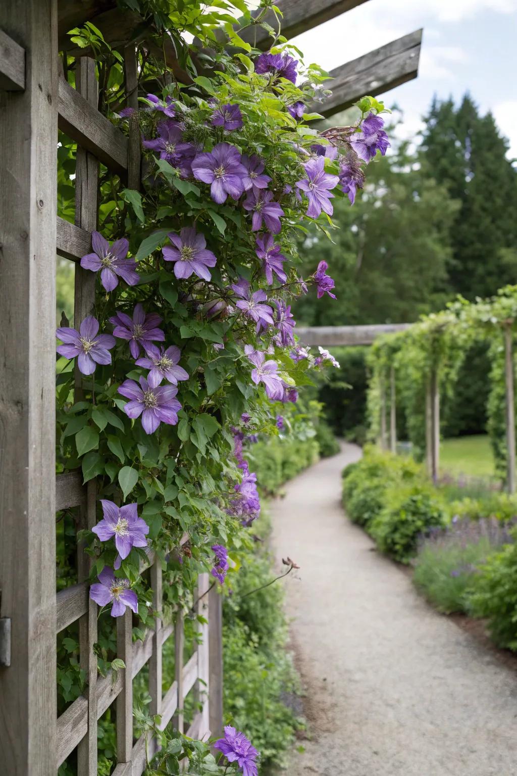 Clematis adds vertical interest with its climbing blooms.