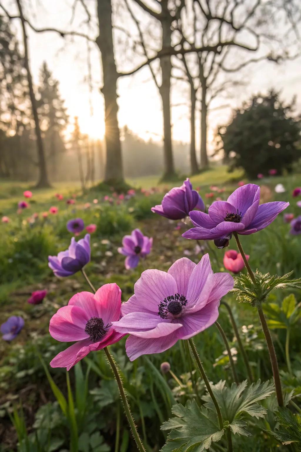 Anemones brighten up the garden with their vibrant blooms.