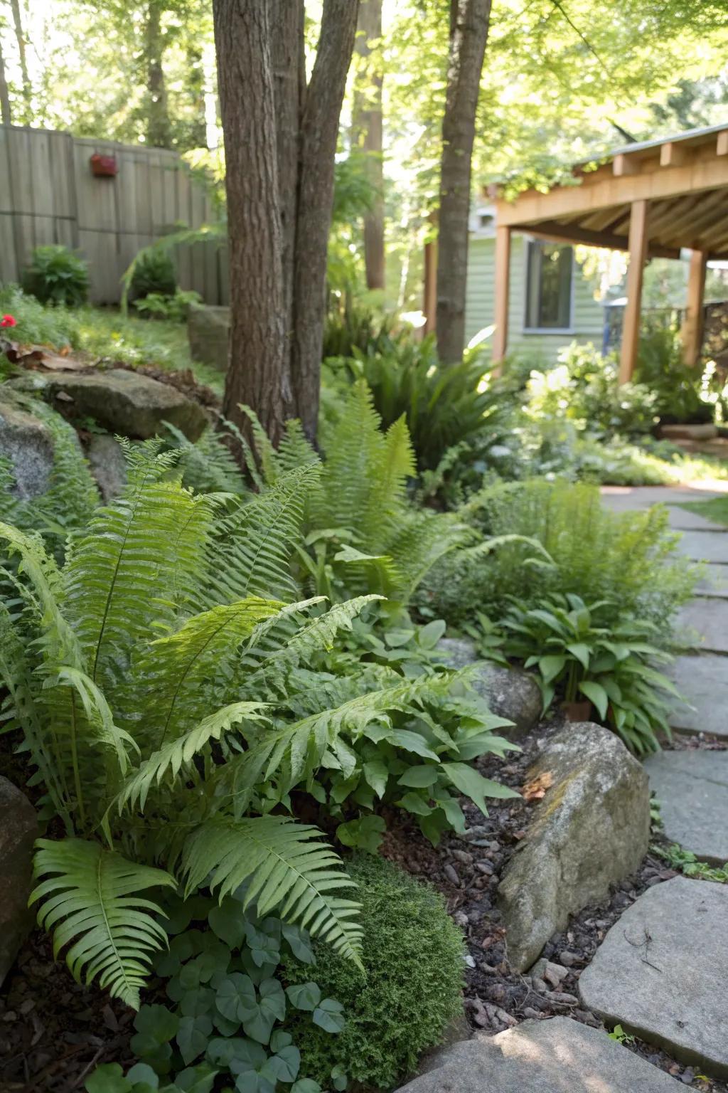 A variety of ferns forming a tranquil garden retreat.