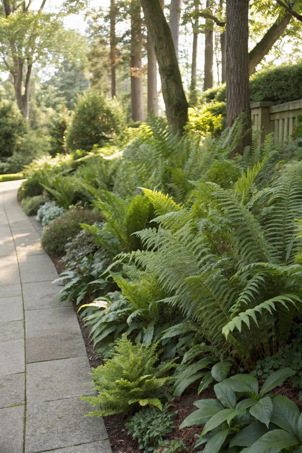 An elegant garden edge lined solely with ferns.