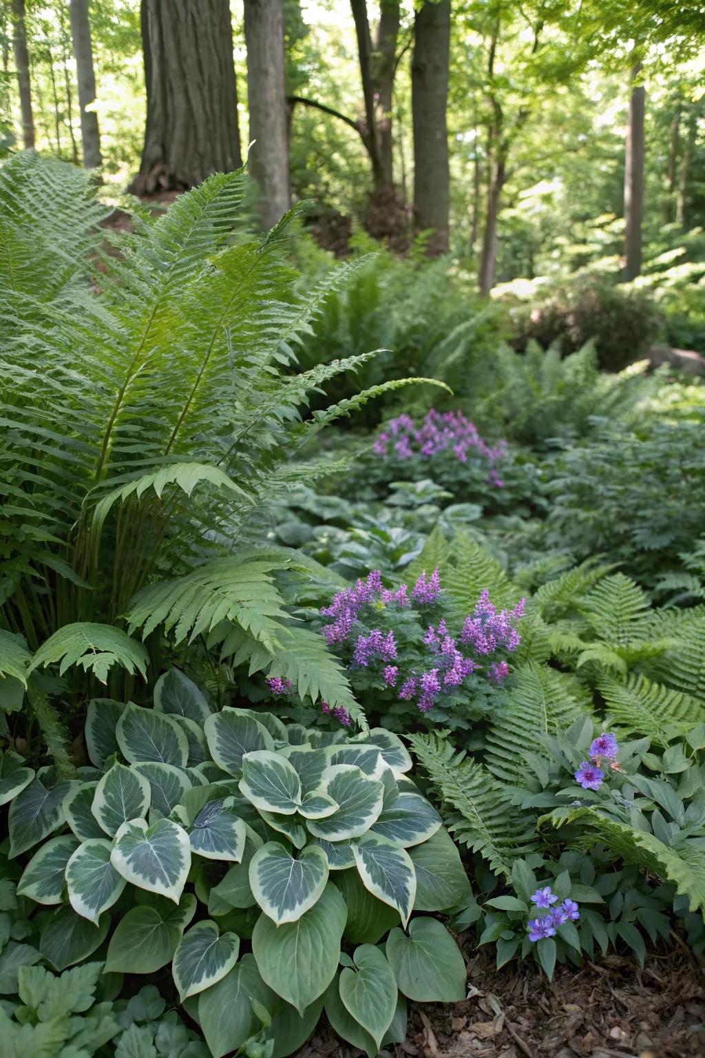 Ferns combined with other shade-loving plants for lush texture.