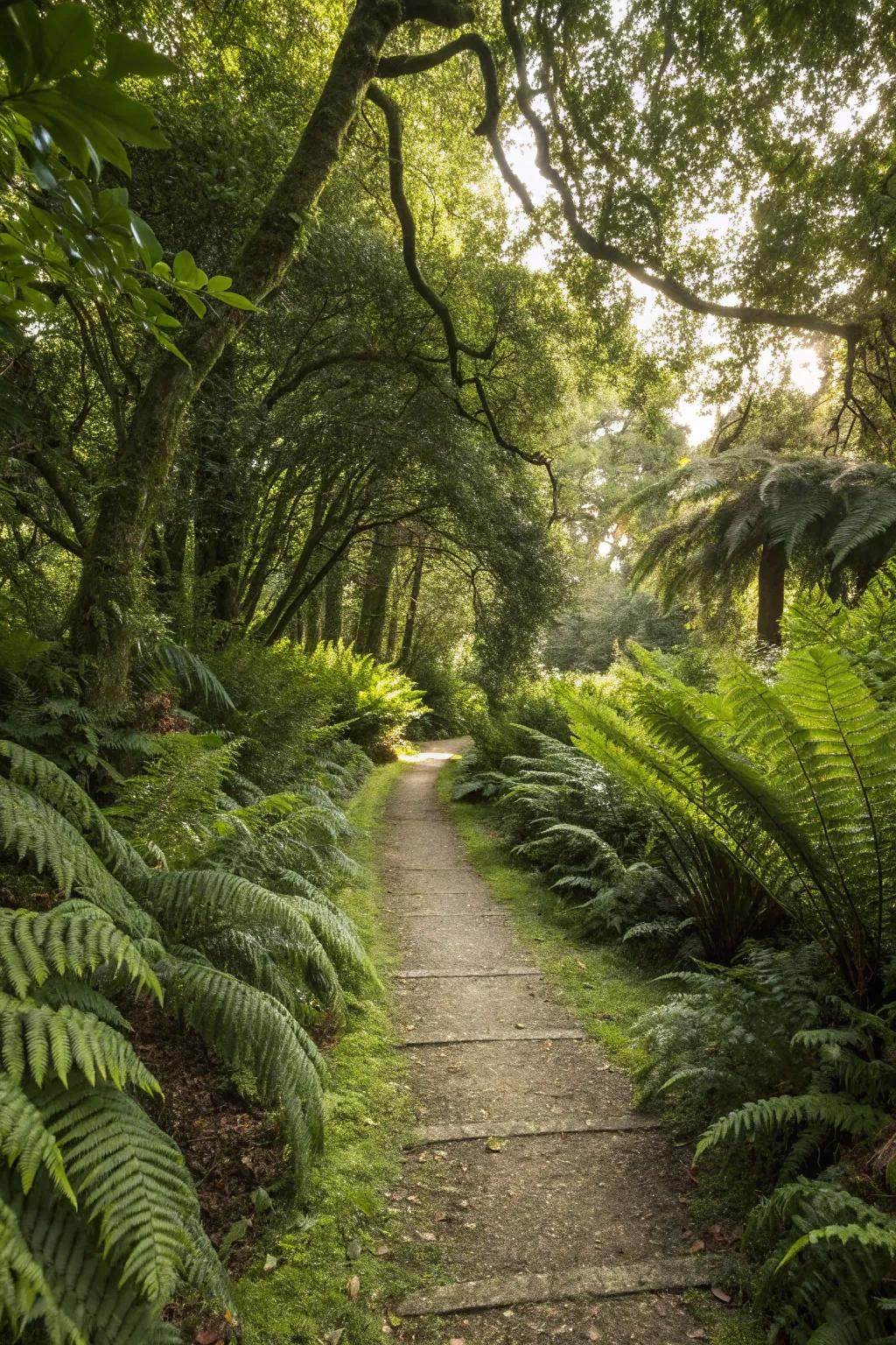 Fern-lined pathway giving a woodland atmosphere.