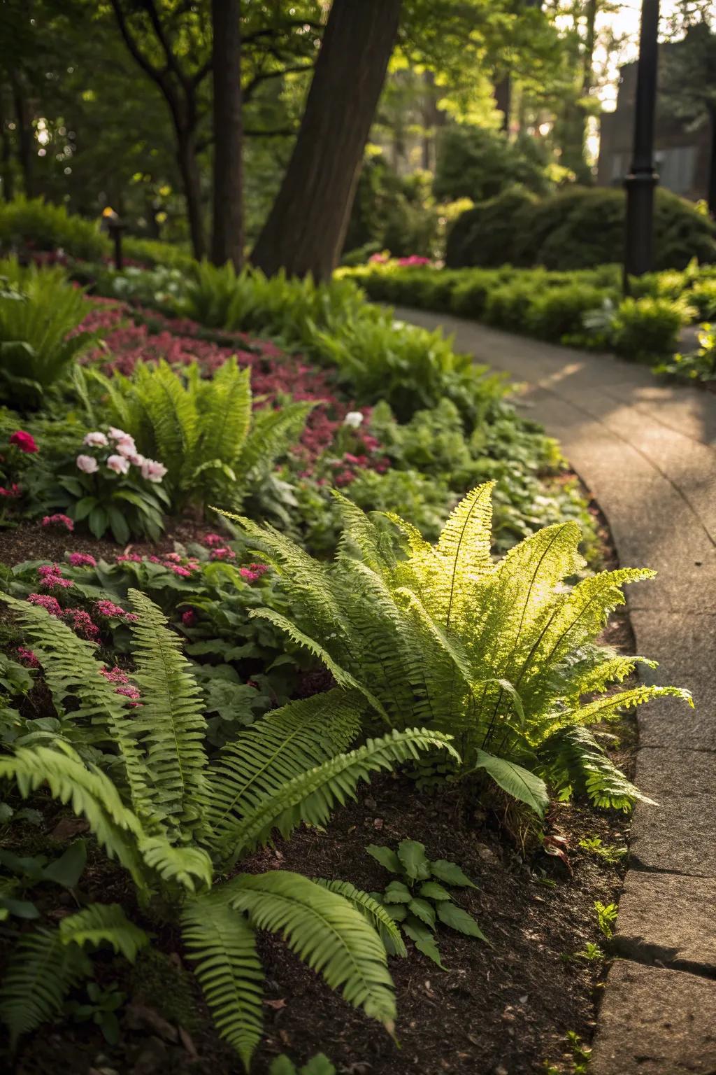 Ferns providing an attractive and practical ground cover.