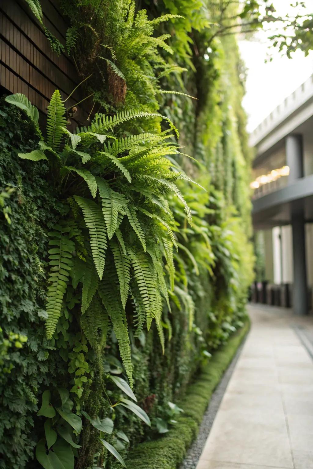 Vertical fern garden transforming plain walls into art.