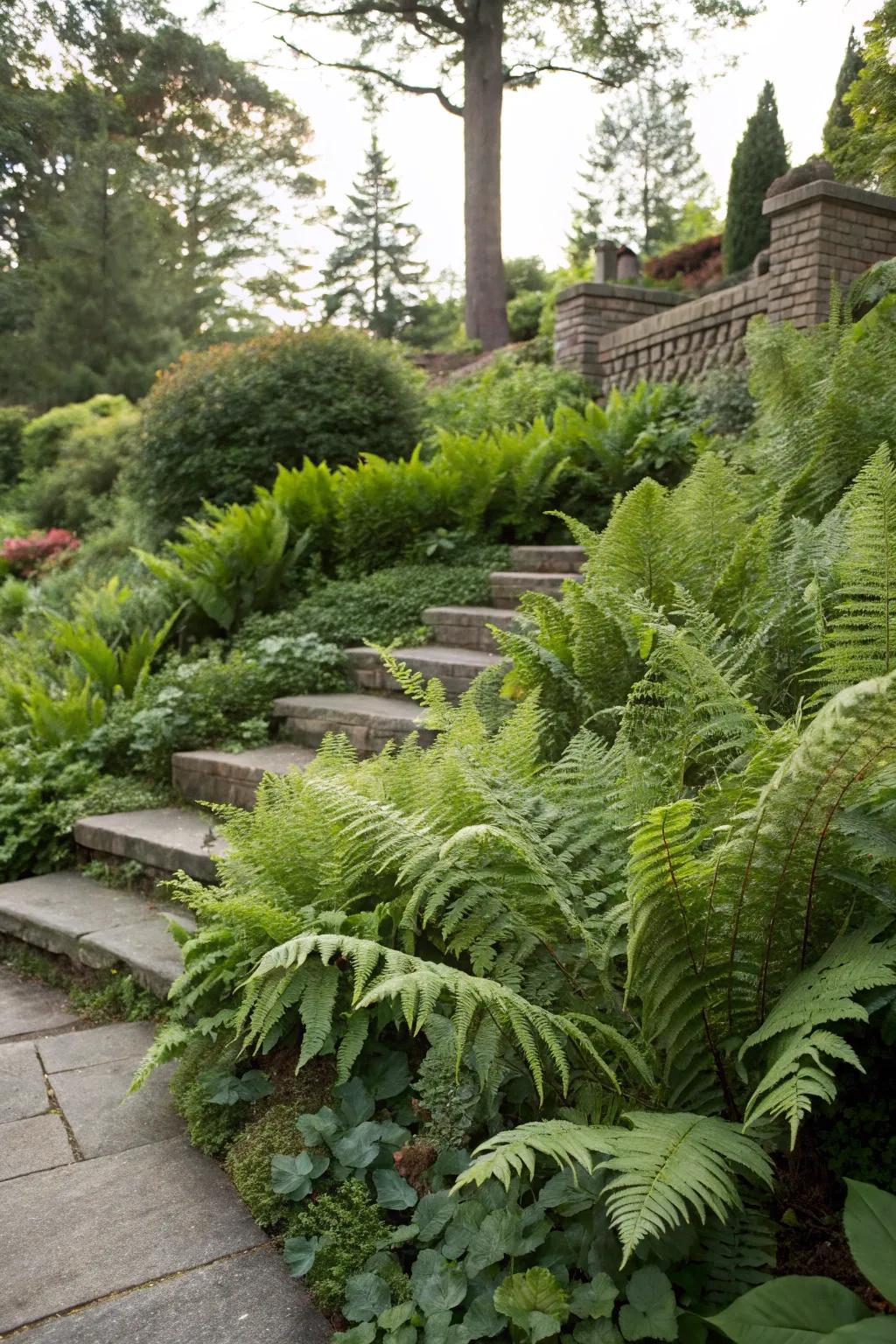 A garden display with ferns at varying heights and textures.