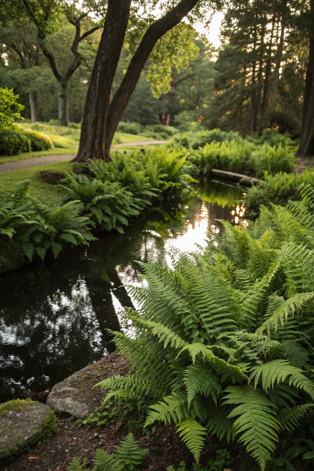 A peaceful water feature surrounded by green ferns.