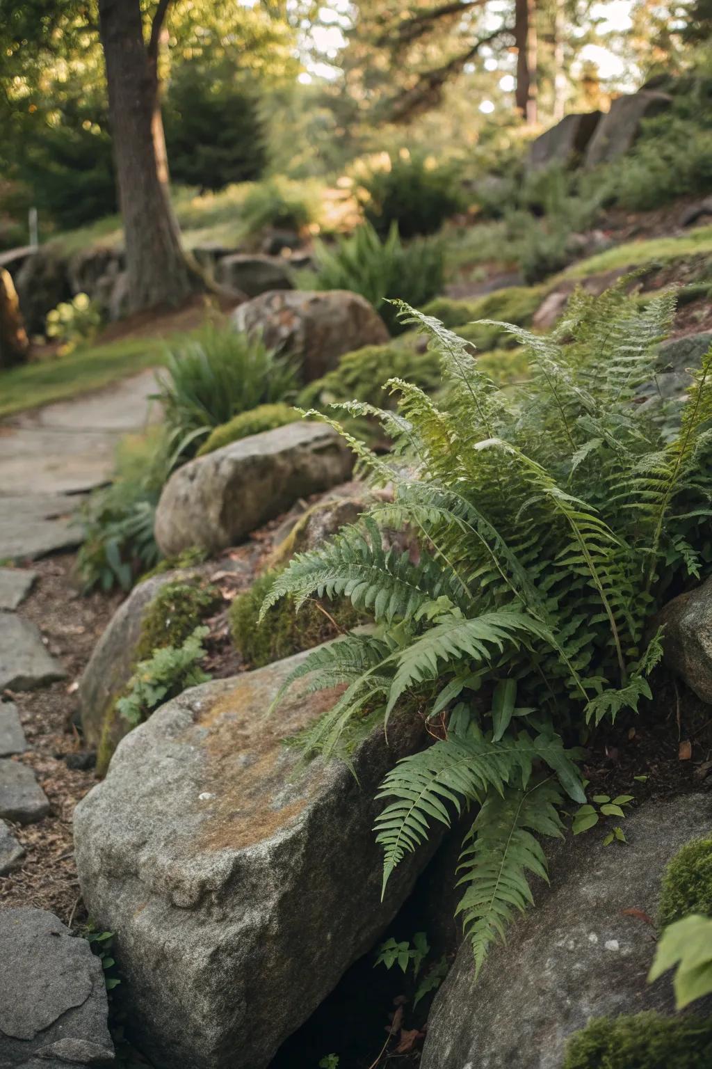 Rock formations and ferns merge for a natural landscape vibe.