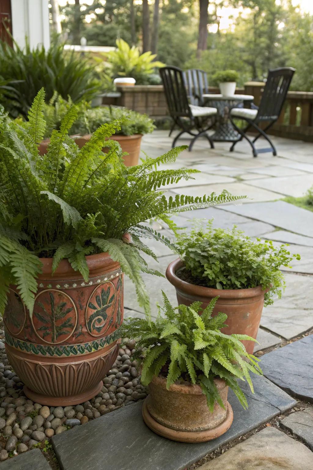 Decorative pots overflowing with lush ferns.