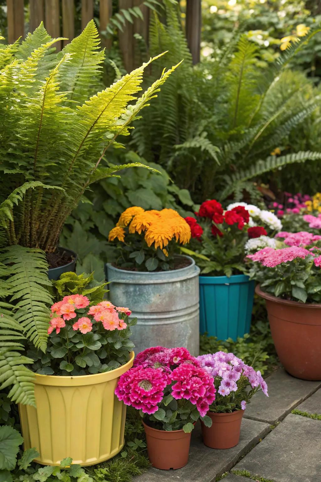 Brightly colored flowers and pots complement lush ferns.