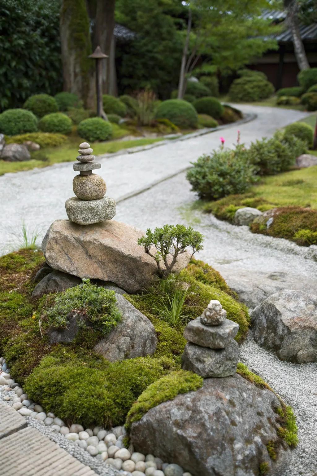 Natural rock elements create grounding points in a garden.