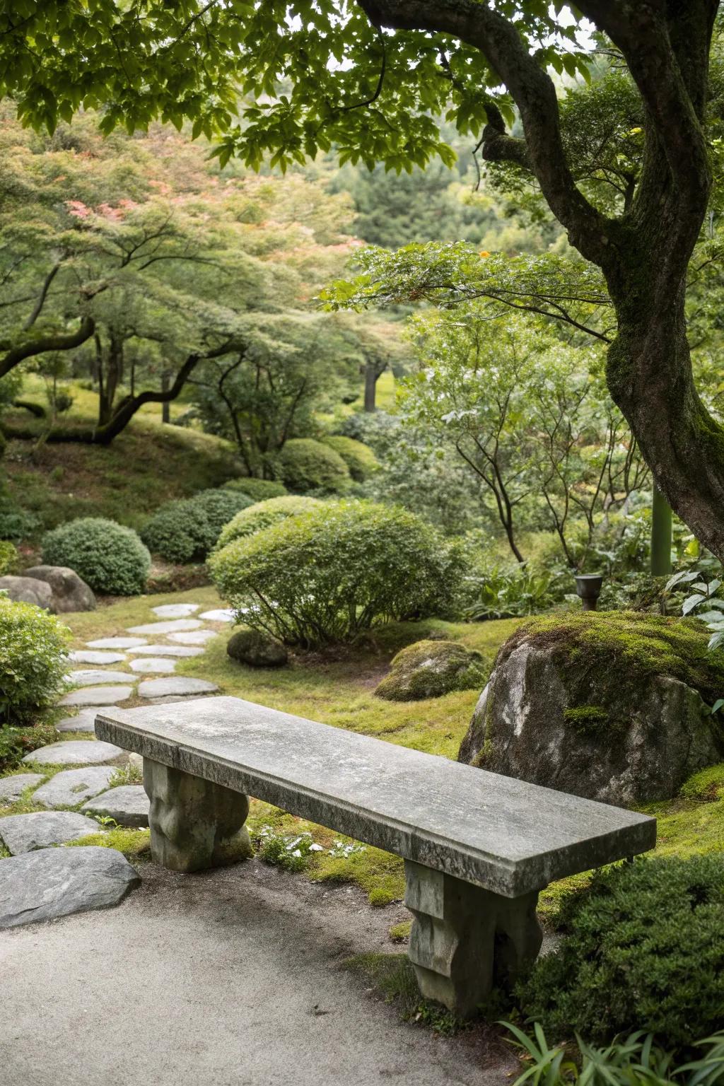 Simple stone bench nestled in garden for quiet moments.