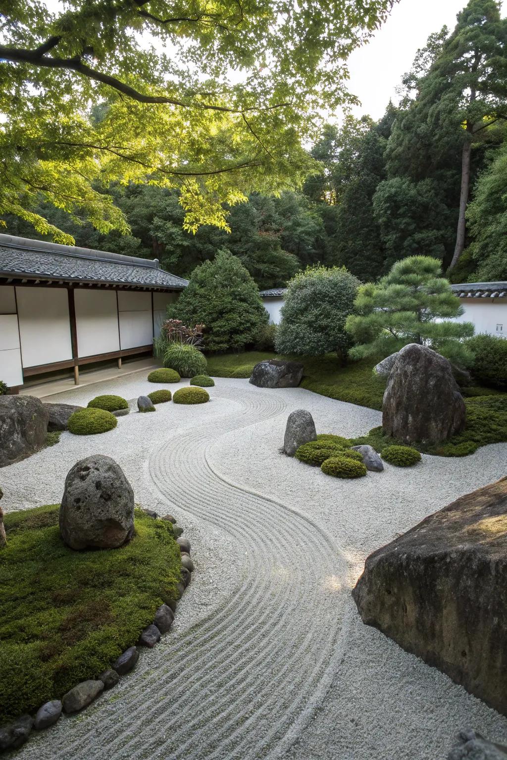 Minimalist Zen garden with raked patterns and stones.