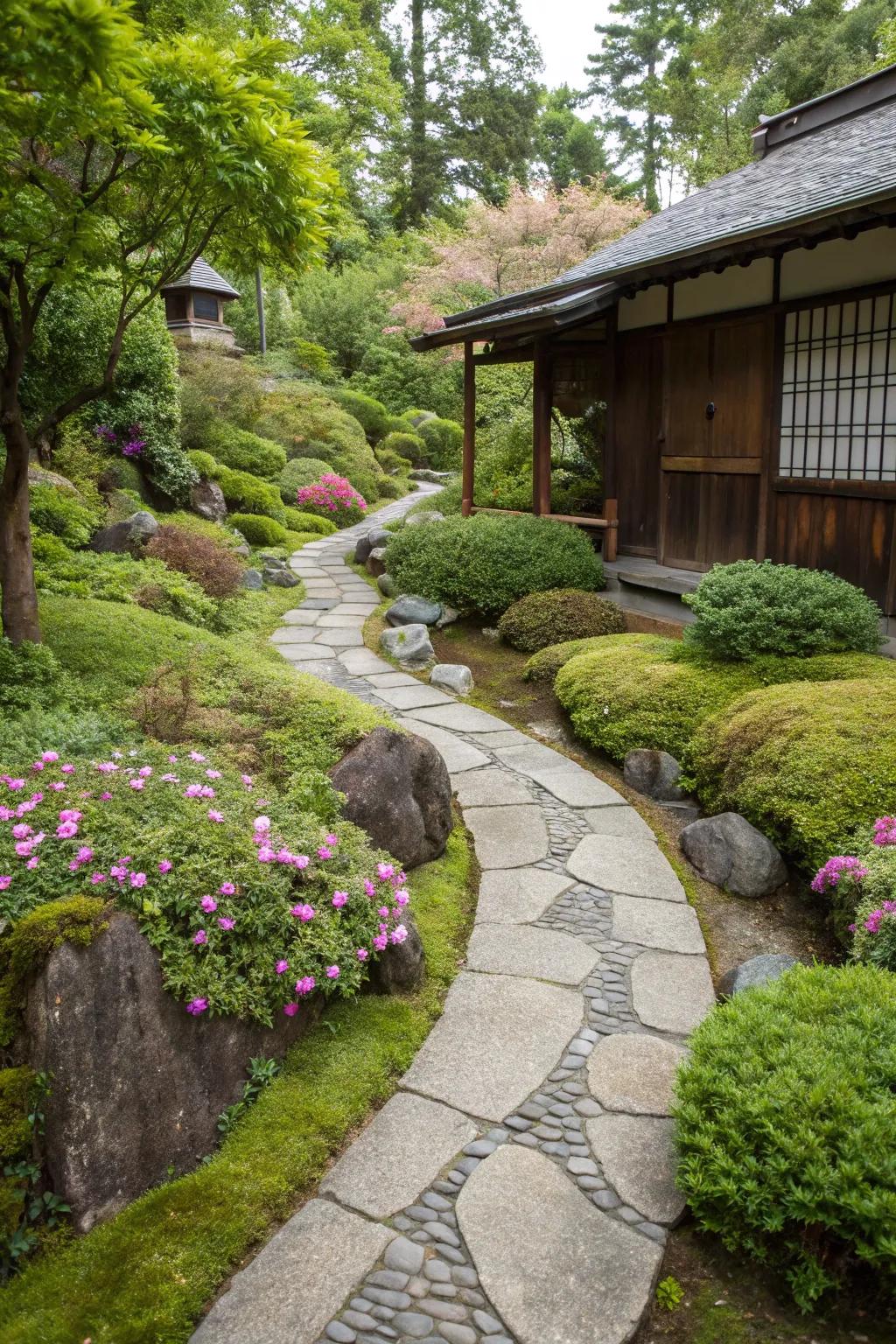 Curving stone pathways add intrigue to a Japanese garden.