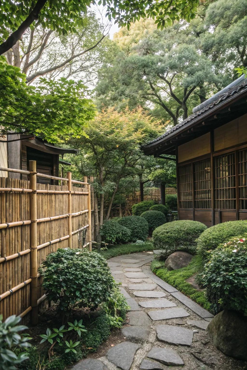 Bamboo fence surrounds a peaceful garden area.