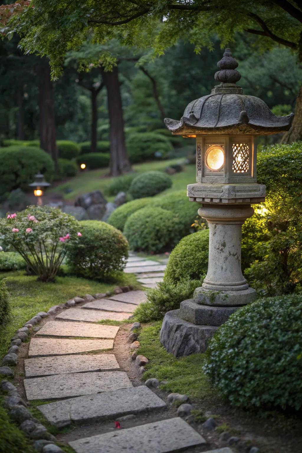 Decorative garden lanterns glowing softly in the evening.