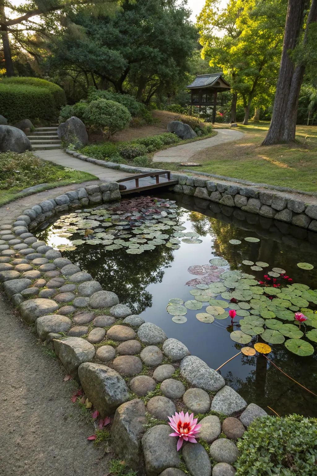 Serene small pond water feature in a garden setting.