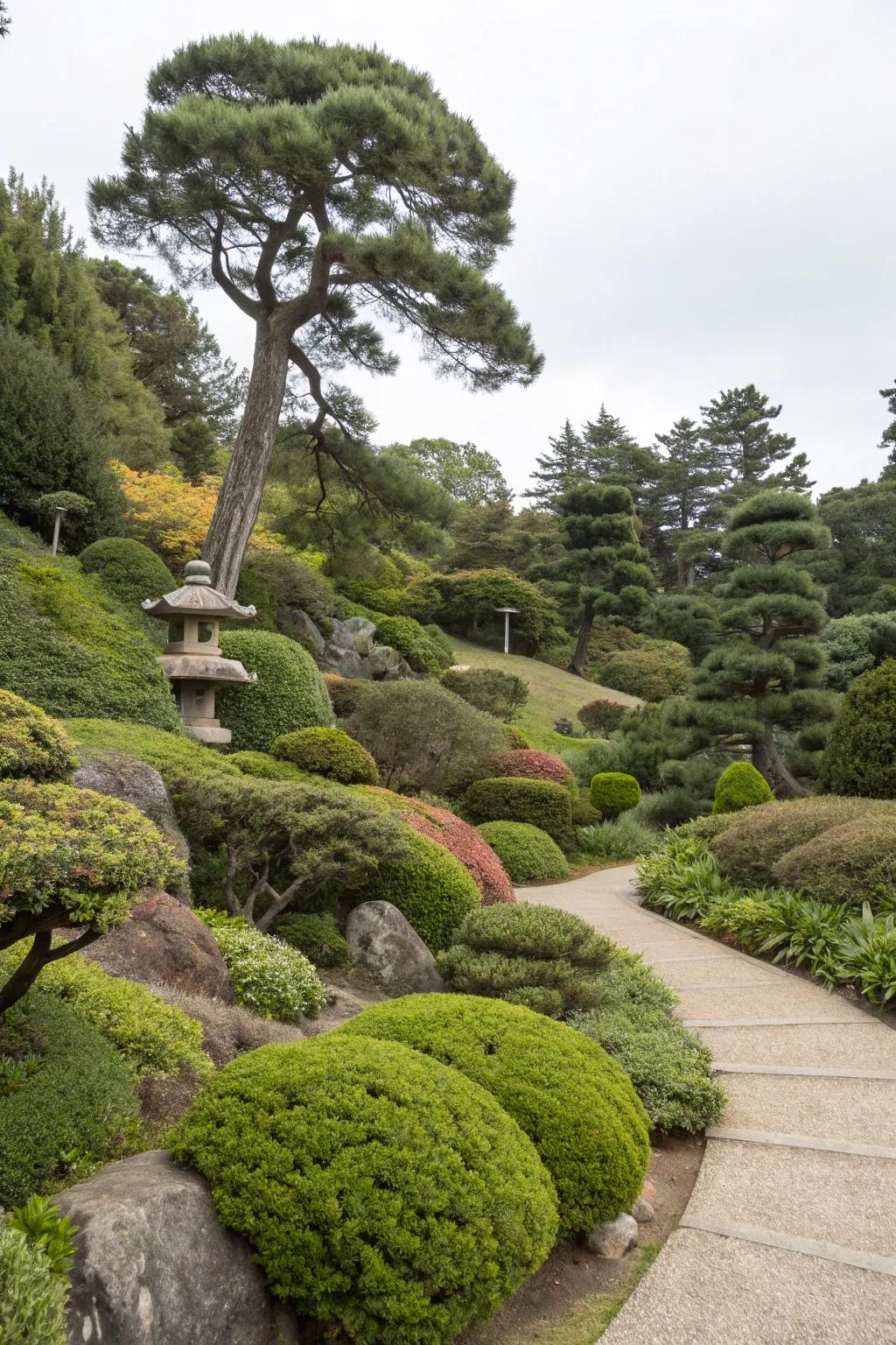Layered landscaping of diverse plants for visual interest.
