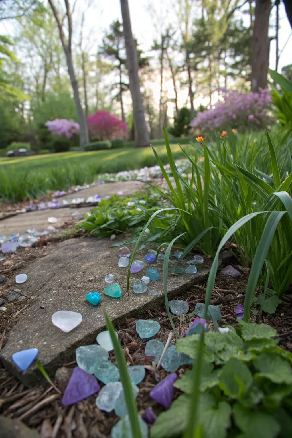 Colorful sea glass accents adding sparkle to the garden.