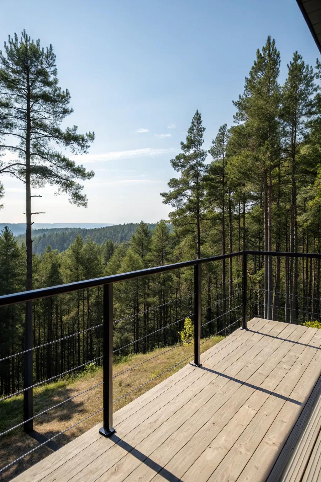 A minimalist black railing enhances the natural beauty of the surrounding forest.