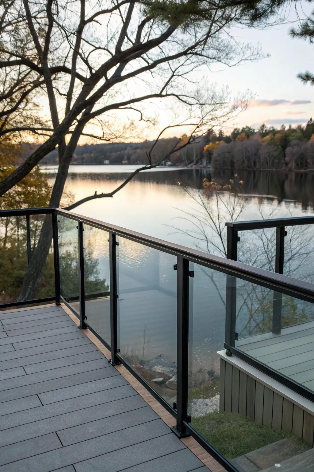 Glass panels in black railings offer clear views of the lake.