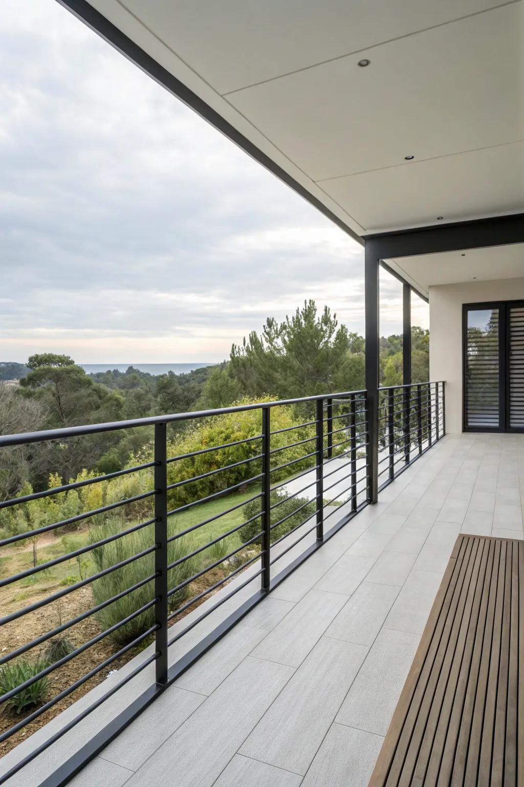 Horizontal railings lend a sleek look to this modern deck.