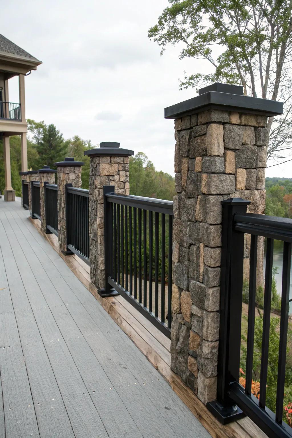 Stone and black railings offer a grounded elegance.