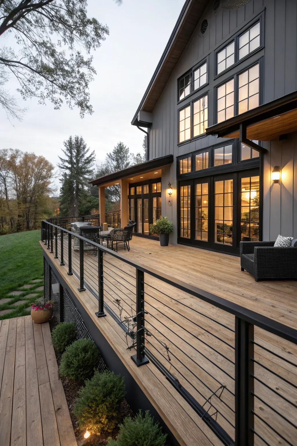 Black railings and rustic wood create a modern farmhouse feel.