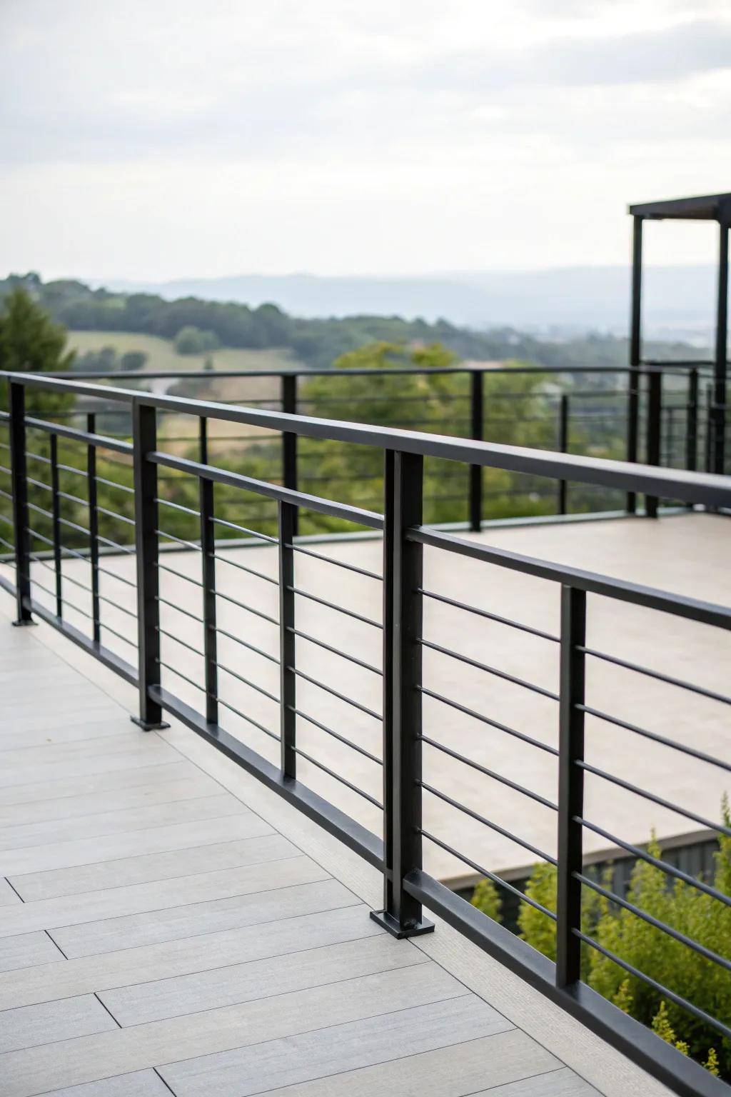 Geometric patterns in black railings add modern artistry.