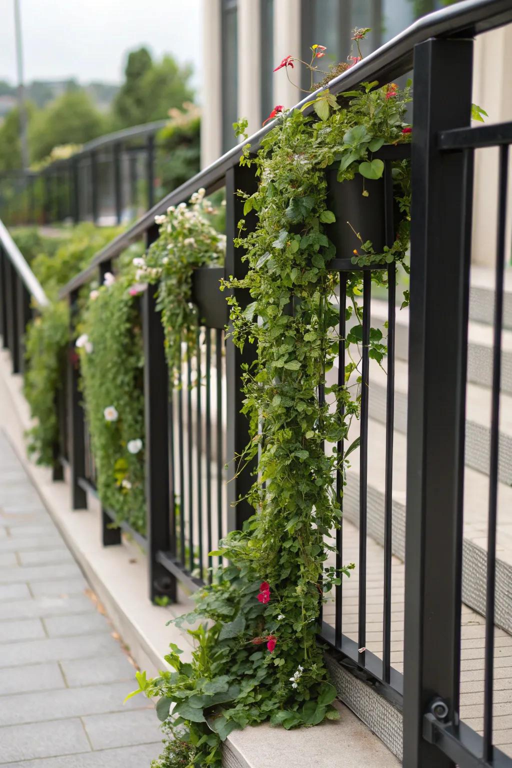 Vertical gardens bring a pop of green to black railings.