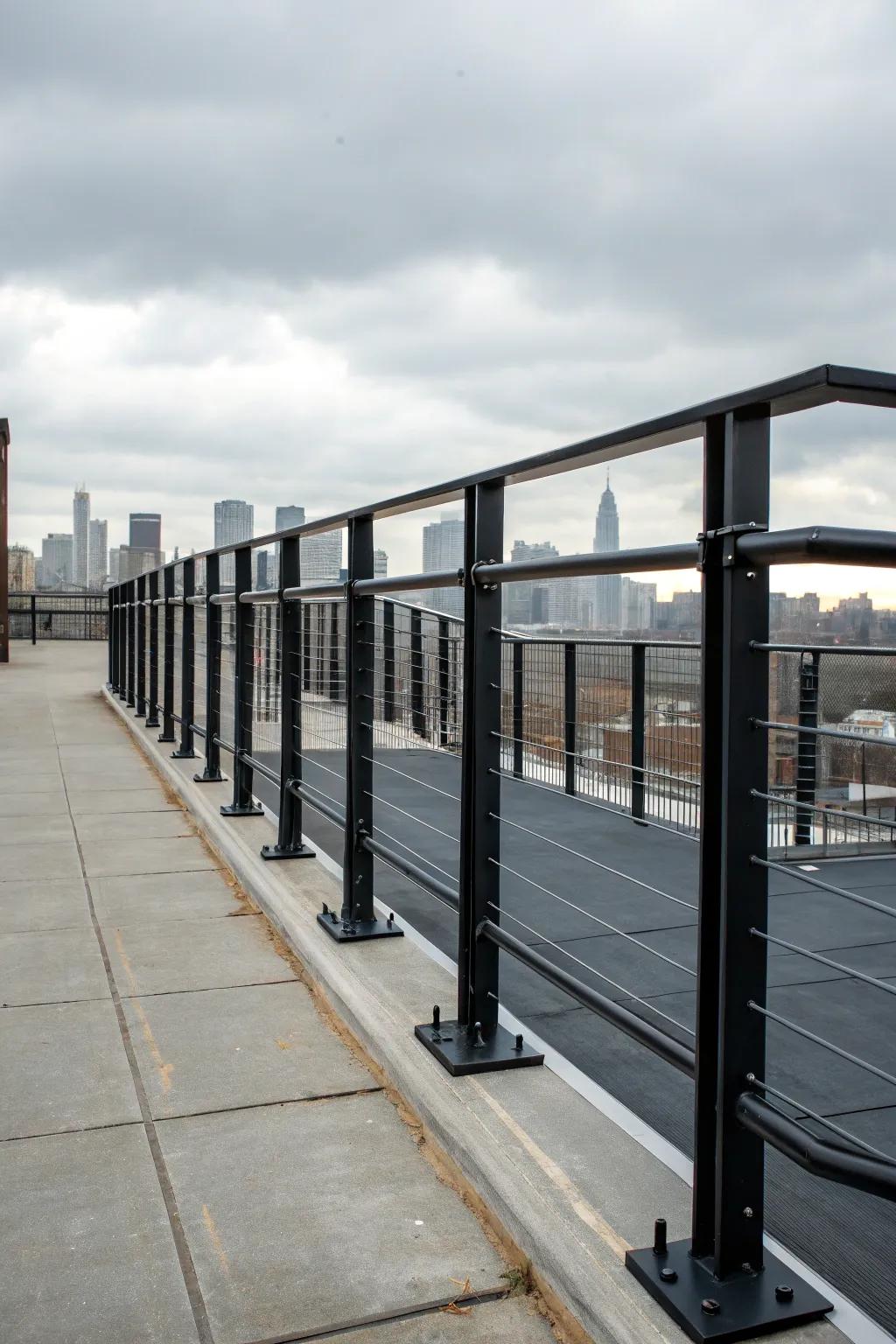 Industrial black railings add character to this rooftop deck.
