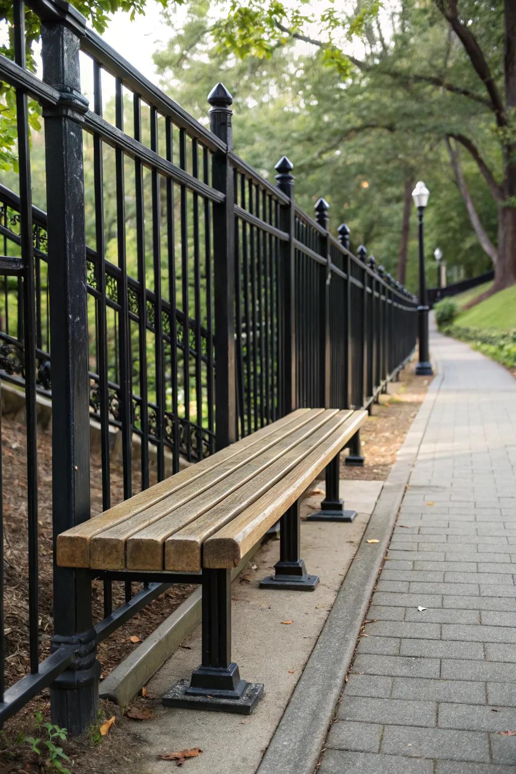 Built-in seating adds functionality to black railings.