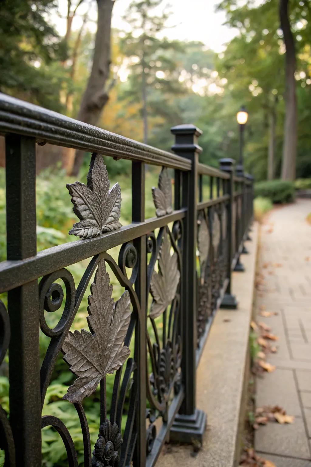 Nature-inspired patterns in black railings complement the garden.
