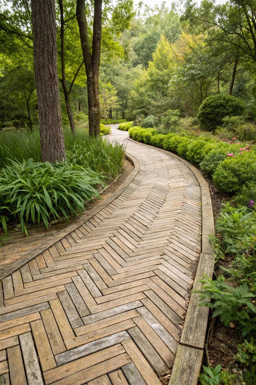 A herringbone plank layout adds a unique touch to this wooden pathway.