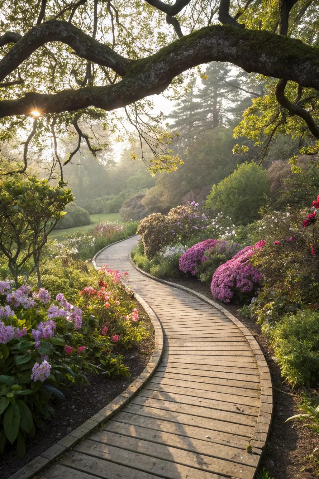 A graceful curved wooden pathway winds through a vibrant garden.