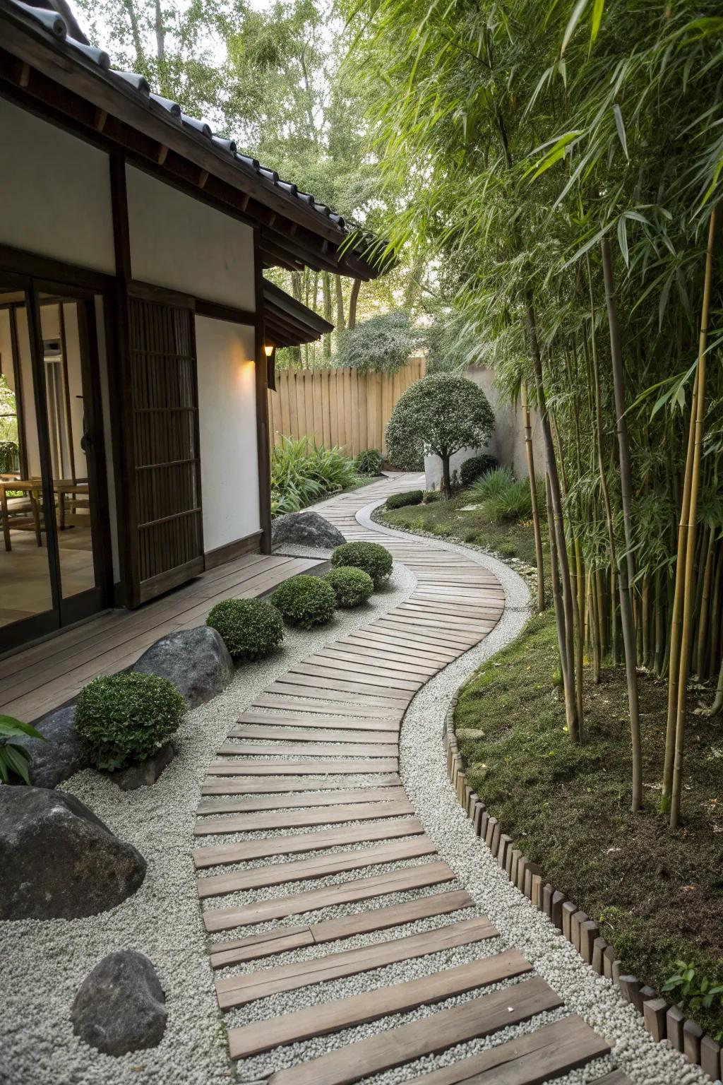 A Zen garden path brings peace and tranquility to outdoor spaces.