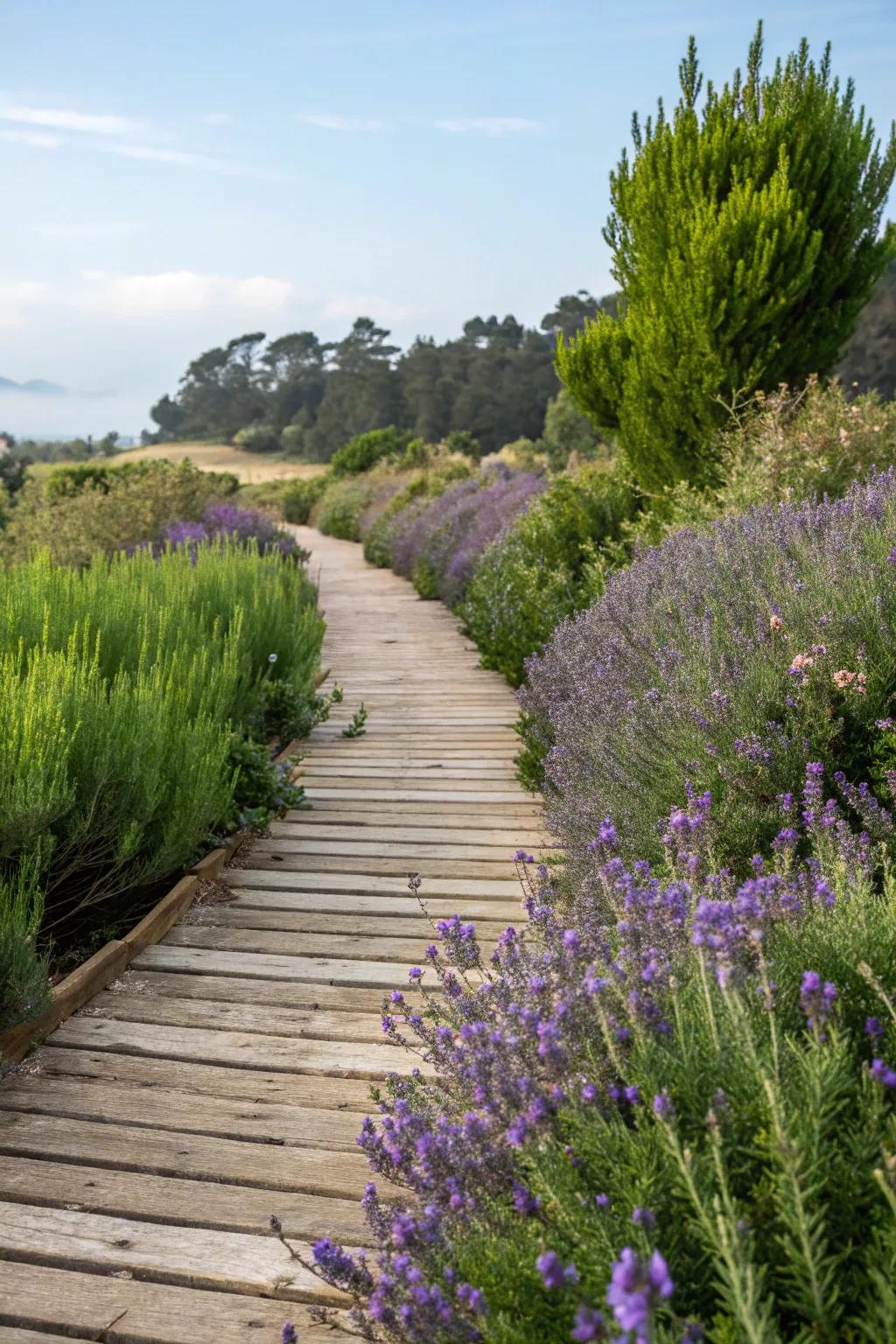 A wooden path is beautifully integrated with lush greenery and fragrant herbs.