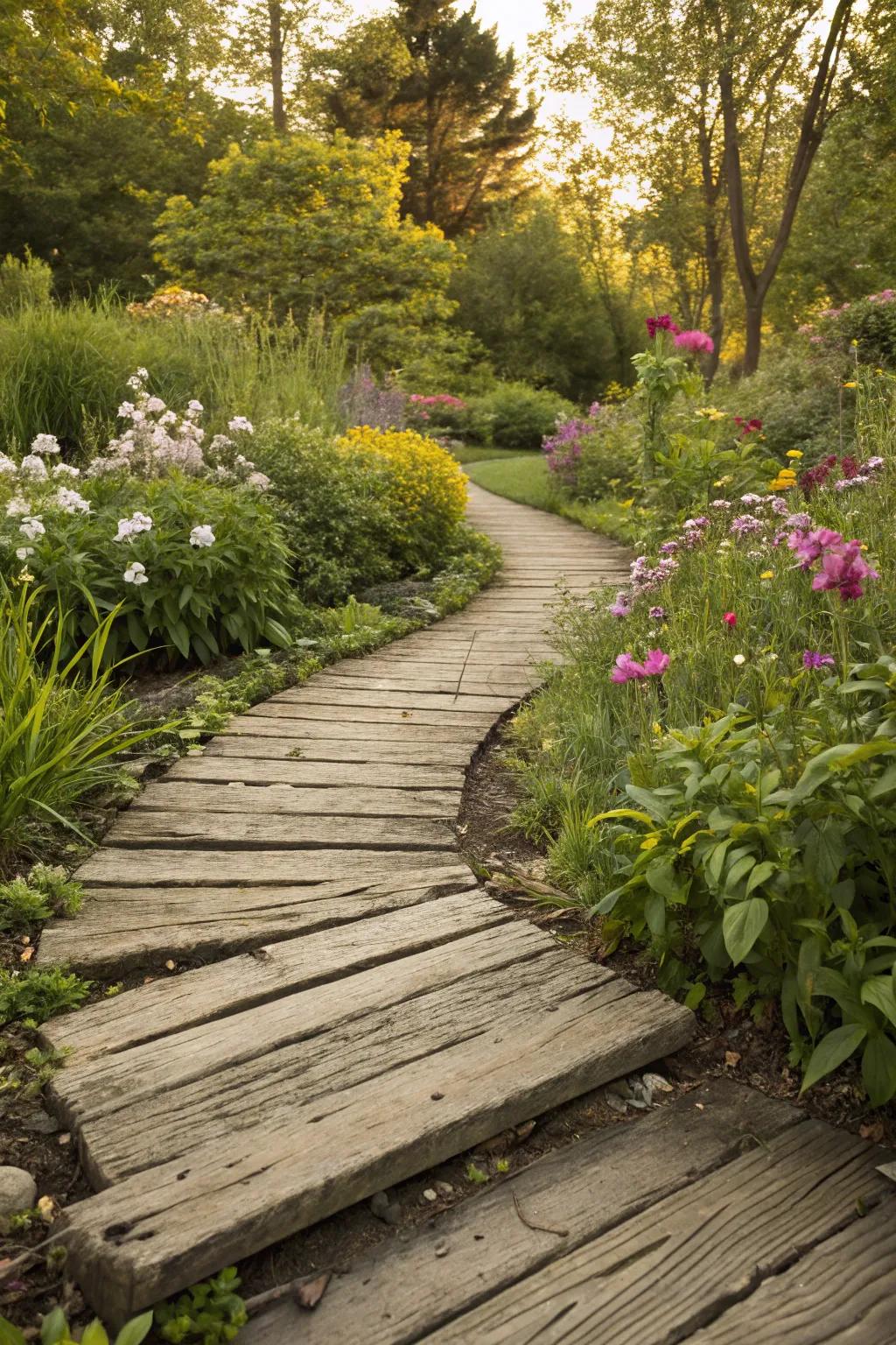 Reclaimed wood pathways bring history and sustainability to gardens.