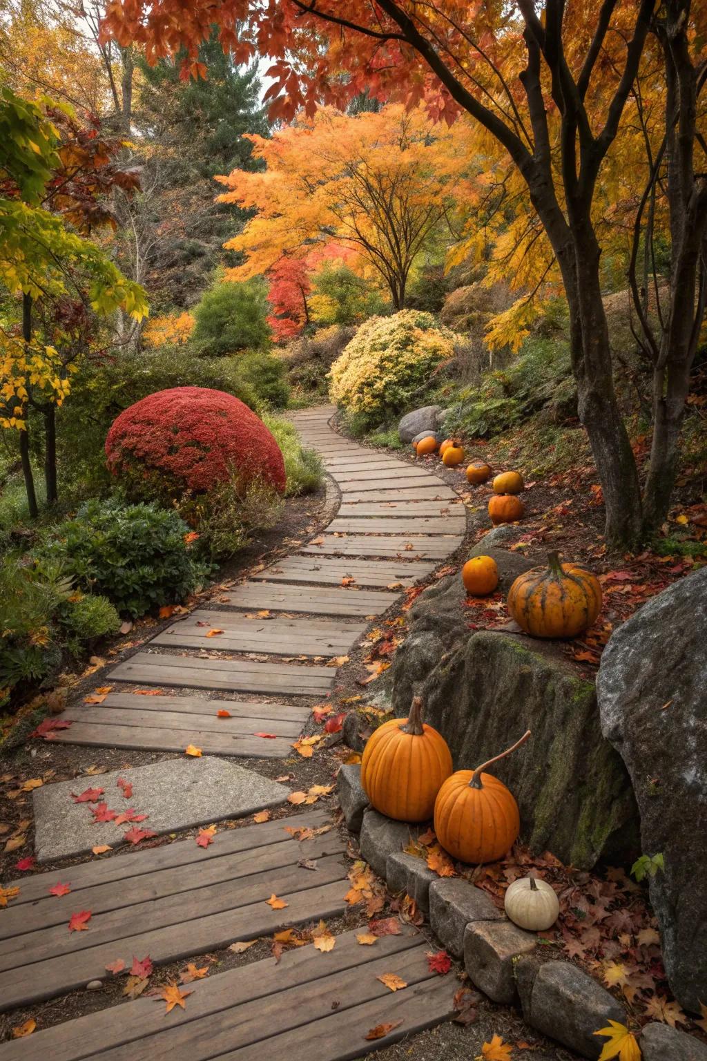Seasonal decor adds a festive touch to garden pathways.