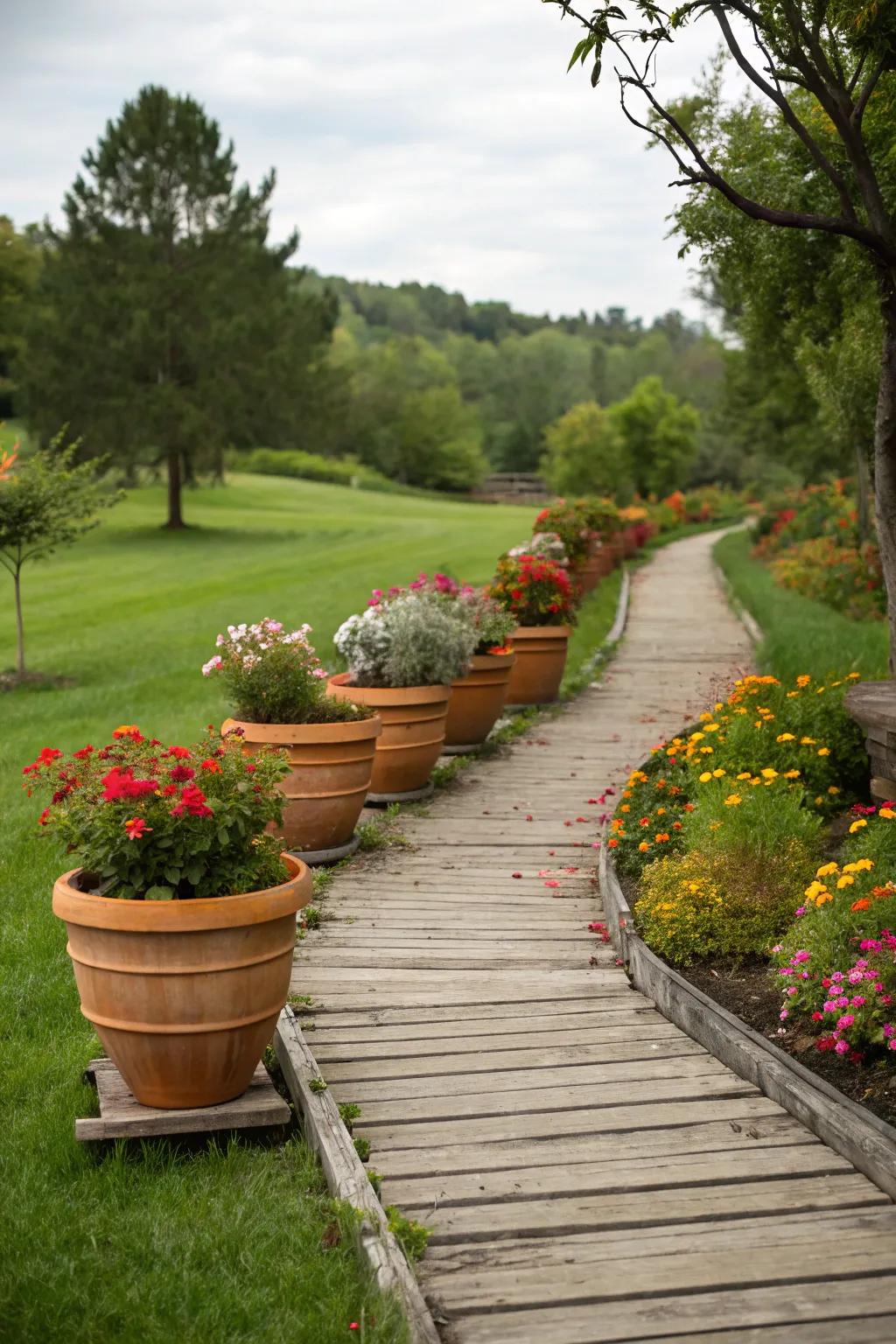 Small accents like planters add charm and color to wooden pathways.