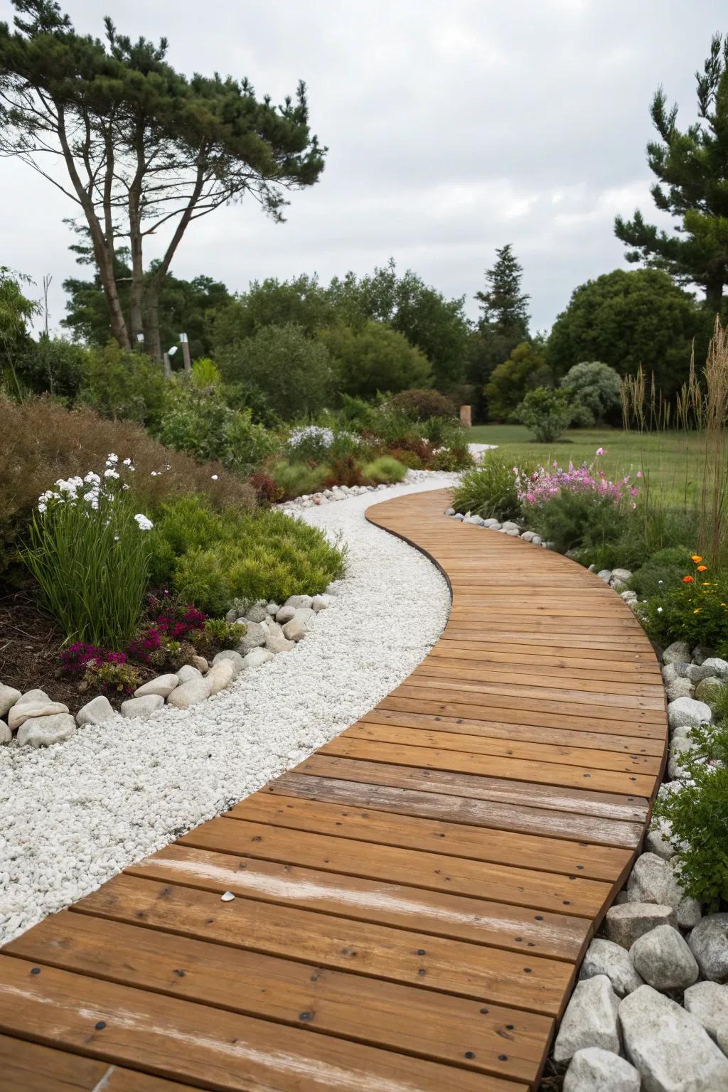 Mixed materials create a textured and visually appealing garden path.