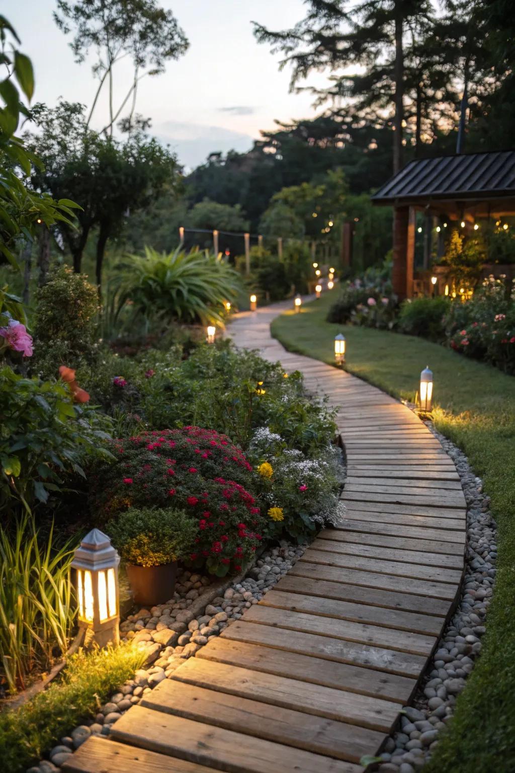 Illuminated pathways create a magical evening garden atmosphere.