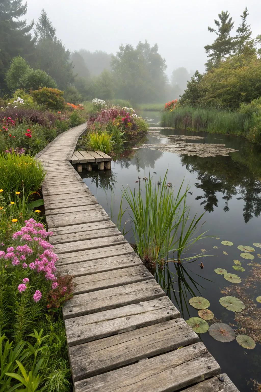Wooden boardwalks bring a sense of adventure to garden settings.